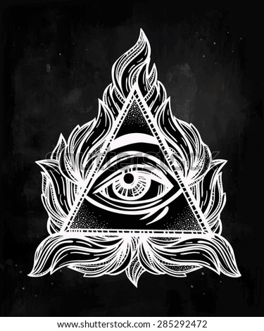 All seeing eye pyramid symbol. New World Order. Hand-drawn Eye of Providence. Alchemy, religion, spirituality, occultism, tattoo art. Isolated vector illustration. Conspiracy theory.