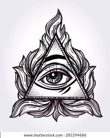 All seeing eye pyramid symbol. New World Order. Hand-drawn Eye of Providence. Alchemy, religion, spirituality, occultism, tattoo art. Isolated vector illustration. Conspiracy theory.
