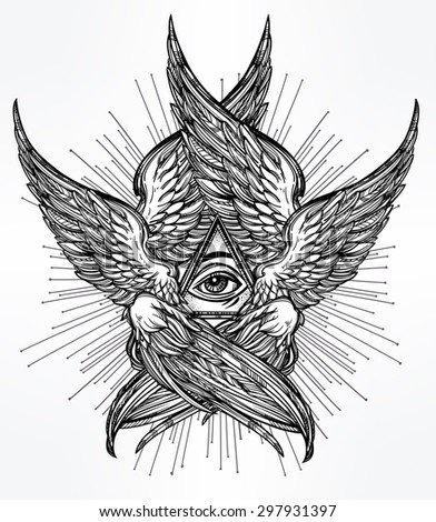 All seeing Eye of Providence. Hand drawn vintage style winged Angel eye. Alchemy, religion, spirituality, occultism, tattoo art. Isolated vector illustration.  Biblical Seraphim deity. Omnipotence.