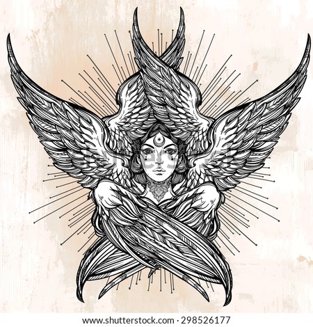 Hand drawn romantic six winged Angel. Alchemy, religion, spirituality, occult magic, tattoo art. Isolated vector illustration. Biblical Seraphim deity, Slavonic folk Sirin Alkonost bird of paradise.