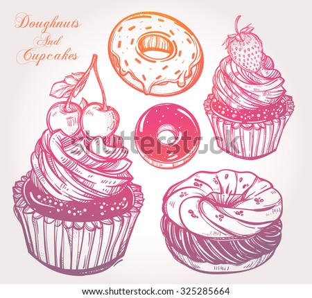 Bakery and dessert pastry icons set.  Hand drawn sketch confections: donuts  (doughnuts) and cupcakes. Isolated vector illustration. Excellent for creating your own menu design.