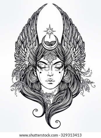 Hand drawn romantic beautiful artwork of Female diety with stars wings and moon. Alchemy, religion, spirituality, occultism, tattoo art.  Isolated vector illustration.