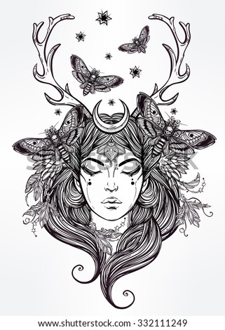 Hand drawn beautiful artwork of female shaman portriat. Alchemy, religion, spirituality, occultism, tattoo art, coloring books. Isolated vector illustration.