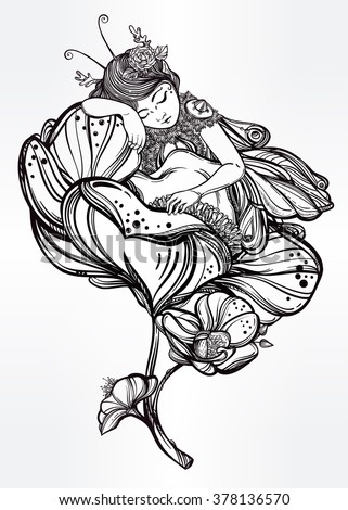 Hand drawn beautiful artwork of a winged fairy sleeping in a flower.  Alchemy, religion, spirituality, occultism, tattoo art, coloring books. Isolated vector illustration.