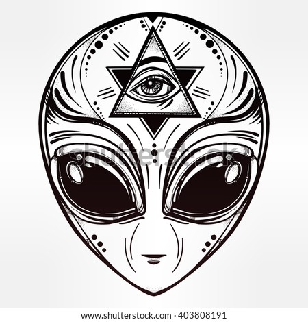 Alien face icon. Halloween, conspiracy theory, sci-fi, religion, spirituality, occultism, tattoo art. Iseolated vector illustration.