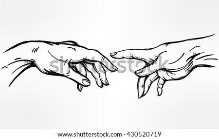 God and Adams hands. Creation of human. Genesis. Hope faith and help, assistance and support in religion. Isolated vector illustration. Tattoo design, spiritual symbol for your use.