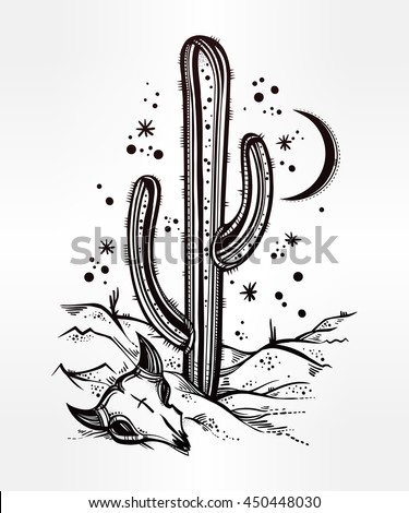 Hand drawn romantic flash tattoo style desert landscape, skull with cactus and moon. Spiritual cacti art. Vector illustration isolated. Ethnic design, mystic tribal boho symbol for your use.