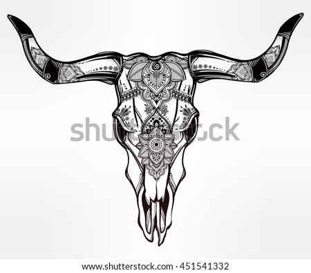 Hand drawn romantic tattoo style ornate decorative desert cow or buffalo skull. Spiritual native indian navajo art. Vector illustration isolated. Ethnic design, mystic tribal boho symbol for your use.