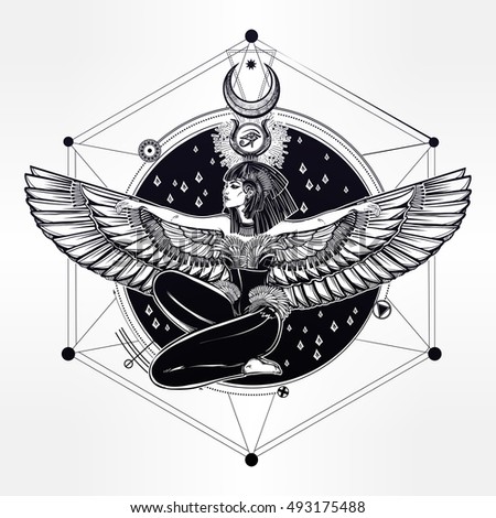 Egyptian diety Isis with outstratched wings. Isis is goddess of health, magic, and love. In Mesopotamian religion her name is Tiamat. Spirituality, occultism, tattoo art. Isolated vector illustration.
