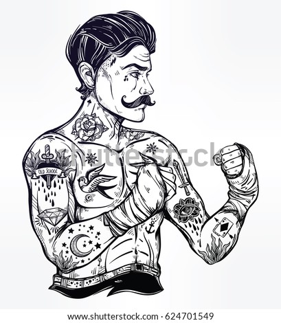 Hand drawn tattooed sailor boxer fighter, player in vintage style. Traditional flash tattoo style retro poster. Ideal for boxing club, training men fight brutal theme. Isolated vector illustration.
