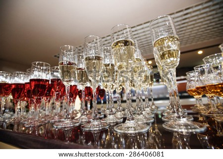wine, champagne, cognac glasses on wedding reception