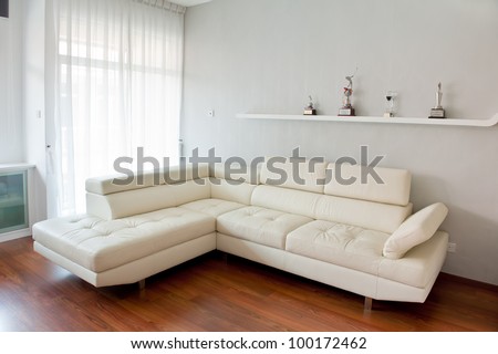 Modern living room with white sofa, wooden floor and golf trophy on the rack. Photo taken with fisheye lens