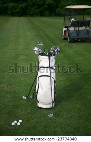 Golf-clubs with bag and golf-car. Focus on bag