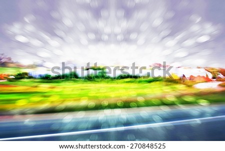 Abstract Extremely Bright  Motion Blurred Image of Roadside Lake and Forest Scenery with  Bokeh Blur