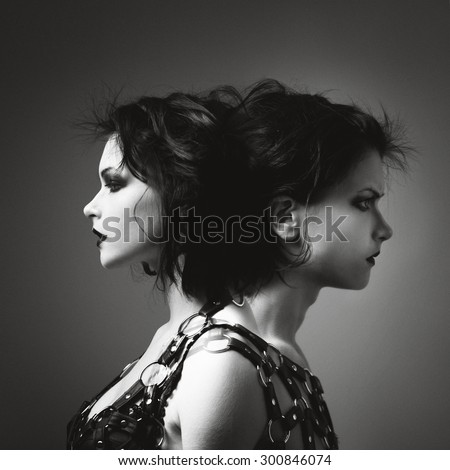 Two-faced, one side the girl with another guy. Photo art in black and white style