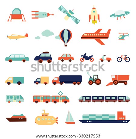 transportation set, icons collection, travel set of  cars,  air-balloon, ships, bike, helicopter, airplane, ufo, train, bus, submarine, motorbike, moped, satellite, illustration elements, vector