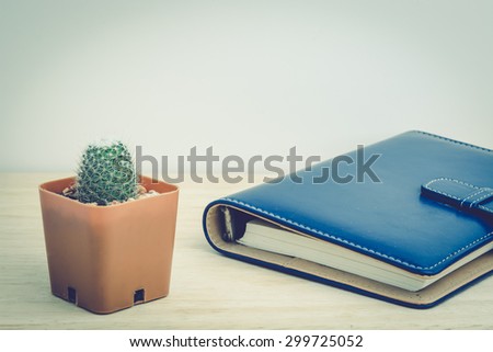 Cactus in vase decor  with a book for decorated over wooden background,  vintage tone