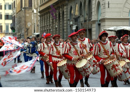 Florence, Tuscany, Italy - June 24, 2009: Drummer Dressed In Medieval Clothes Walks In The Historical Football Parade In Florence.