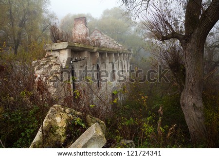 Old abandoned stone mill nineteenth century among the thickets of trees