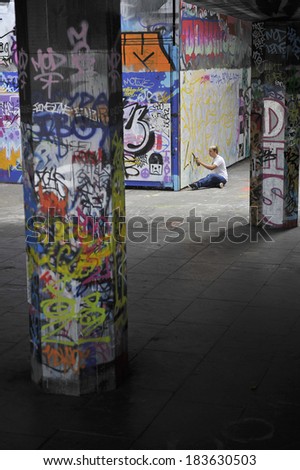 LONDON, UK - AUGUST 15, 2009: The undercroft at South Bank, Southbank skate park has been a canvas for graffiti artists for decades.