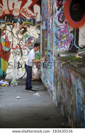 LONDON, UK - AUGUST 19, 2009: The undercroft at South Bank, Southbank skate park has been a canvas for graffiti artists for decades.