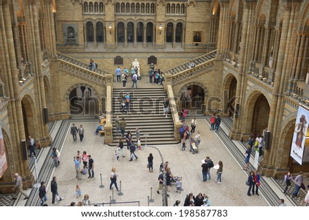 LONDON, UK - MAY 31, 2014: The interior of the Natural History Museum in London, The museum is home to life and earth science specimens comprising some 70 million items within five main collections.
