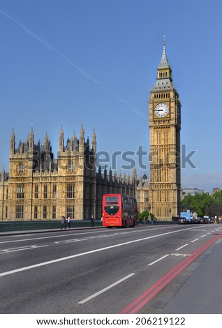 LONDON - MAY 31, 2014: Big Ben is the name of the bell inside the clock tower, located along the Thames in London.