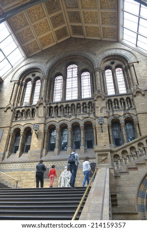 LONDON, UK - AUG 30, 2014: The interior of the Natural History Museum in London, The museum is home to life and earth science specimens comprising some 70 million items within five main collections.