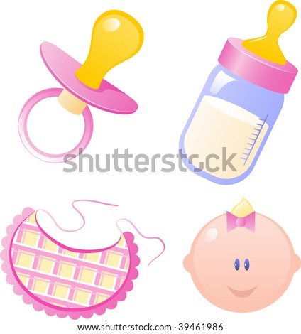 Pictures Baby Bottles on Pink Vector Baby S Dummy  Baby Bottle  Bib And Baby Girl  Isolated On