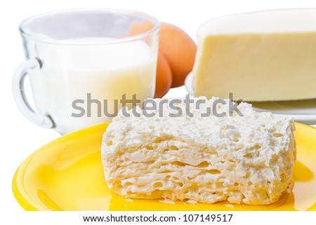 Cottage cheese on a yellow plate, cheese, eggs and milk mug