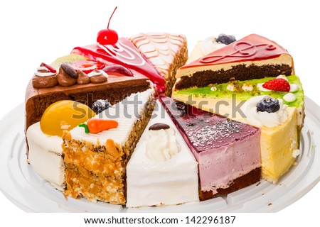 Twelve different pieces of cake. Isolated on white background