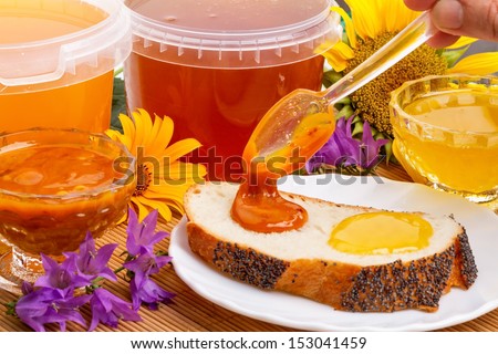 Two types of of honey on white bread, flowers and pollen