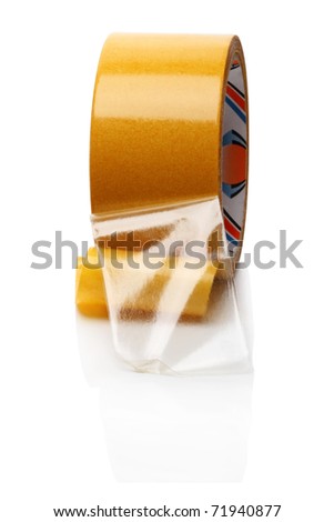 A roll of yellow colored duplex duct tape isolated on white background