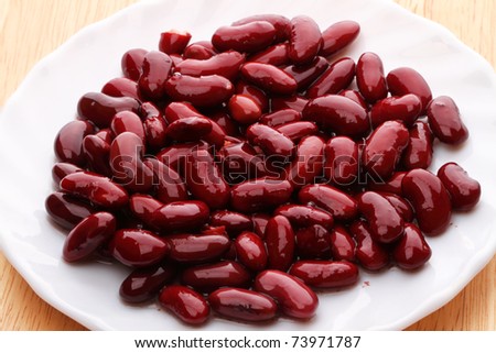 Canned red Kidney beans on a white plate. Series of canned foods