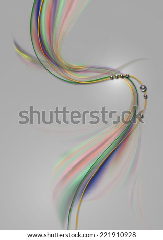 Steel balls on curved lines with transparent colored waves on gentle gray background