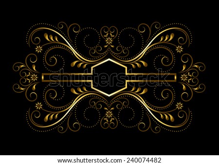 Gold geometric frame with openwork floral decor on black background