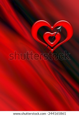 Two red heart pierced by an arrow on wavy black red background