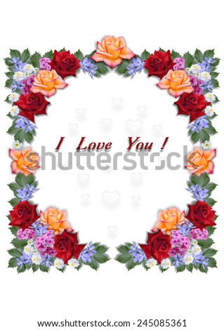 Bright frame assembled from roses and asters in the square on a white background