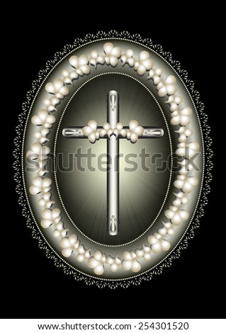 Oval silver frame with cross framed lace border