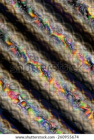 Vivid abstract background with fluted convex gray bars covered iridescent patterns