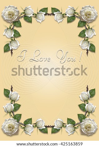 Greeting card with frame of white roses on a yellow background