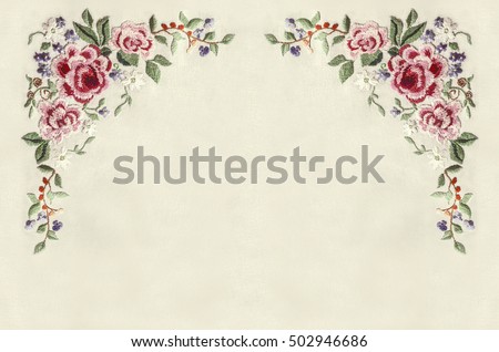 Edge with corners of embroidery roses with small flowers and leaves