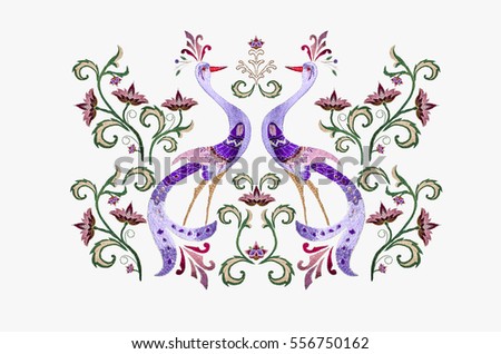 Embroidery stylized birds among  branch with purple red  flowers and twisted leaves on white background.