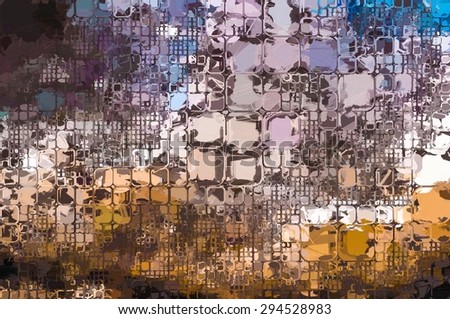 Abstract art painting, illustration. Colorful random geometric pattern of blocks, squares, in shades of blue, orange, white, grey, black