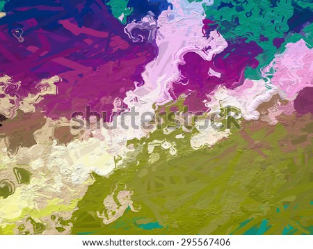 Abstract painting in random messy chaotic brushstrokes and lines in green white blue red pink.