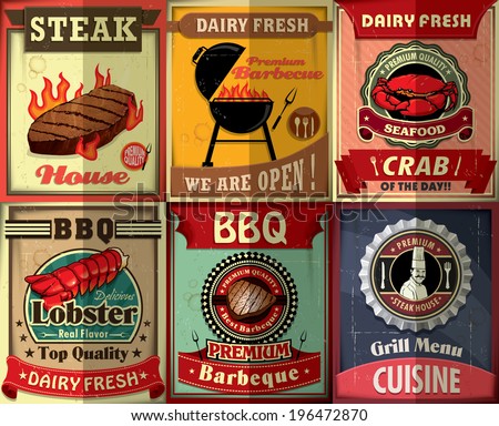 Vintage BBQ steak poster design set Vintage BBQ steak poster design set