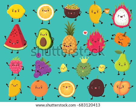 Vintage food poster design with vector lemon, passion fruit, mango, dragon fruit, avocado, pineapple, pumpkin, cherry, grapes, durian, pear, orange, peach character.