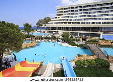 Sithonia, Greece - July 20, 2014: Water park and pool at Porto Carras Sithonia