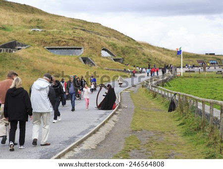 Clare, Ireland - August 25, 2014: Walking trail and Environmental center for tourists. Cliffs of Moher the most famous landmark in Ireland