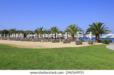 Neos Marmaras, Greece - July 10, 2014: Beach of Anthemus Sea Hotel. Chalkidike in Greece